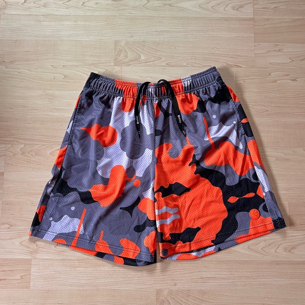 ETHIKA Drip Camo Orange Black Grey  athletic mesh basketball shorts mens size XL